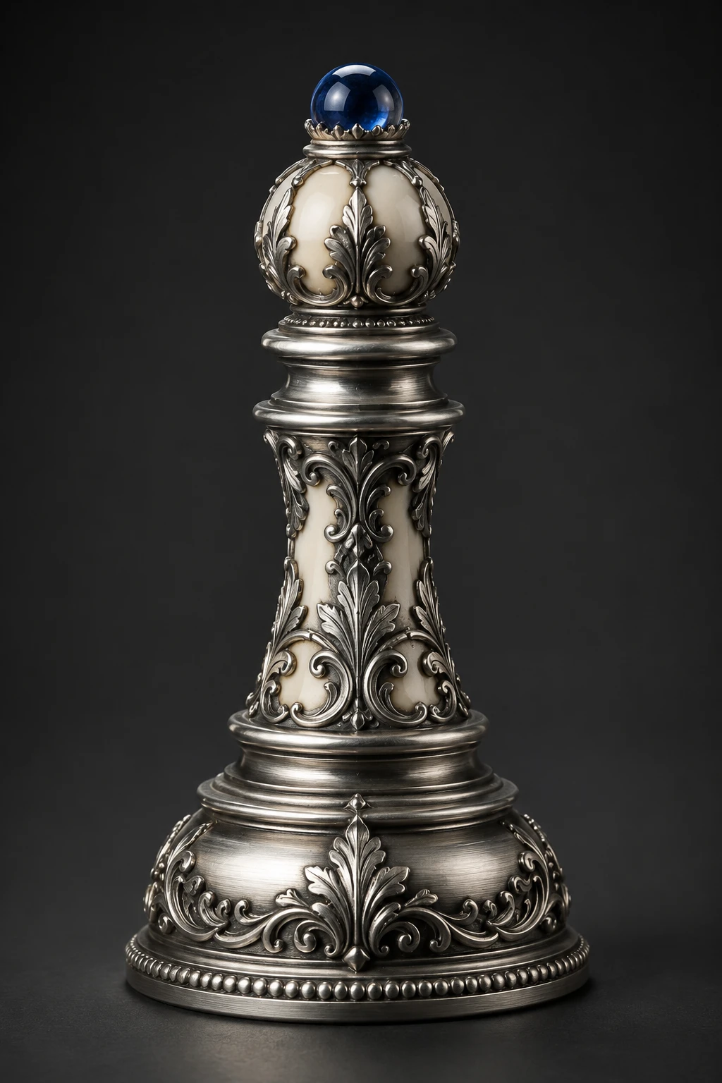 Ornate silver chess pawn with blue gemstone accent