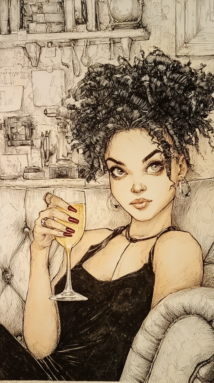 Mujer negra relajada en sofá en dibujo a tinta atmosférico
