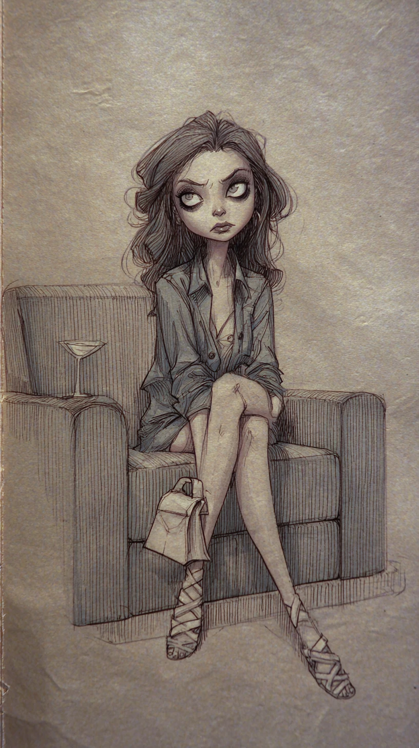 Jeune femme en illustration à l’encre sur fauteuil gris moderne