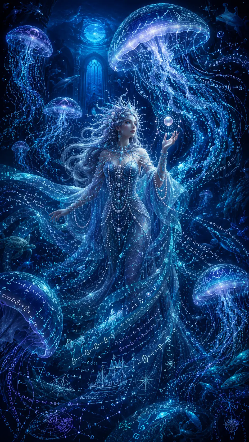 Pearl sorceress with data jellyfish in moonlit ocean