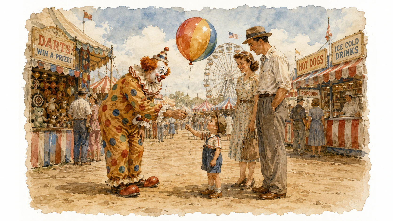 Circus clown giving balloon to small boy on midway