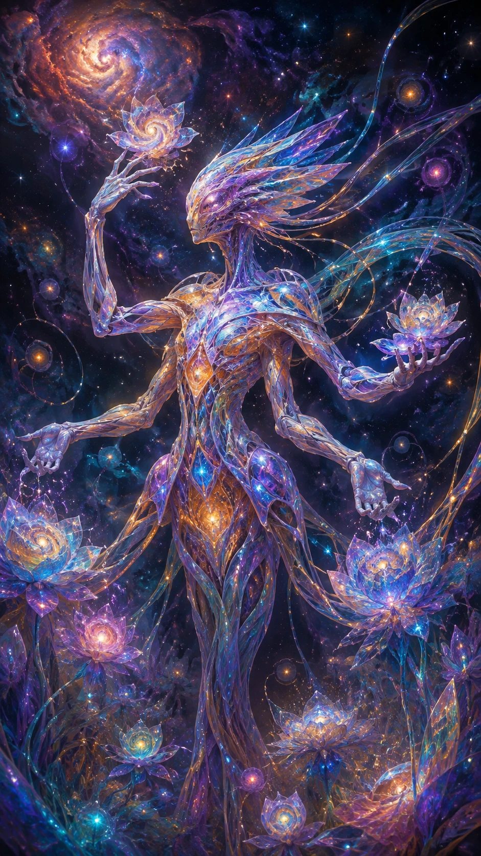 Essere alieno vitreo che si prende cura di fiori di nebulosa in fiore