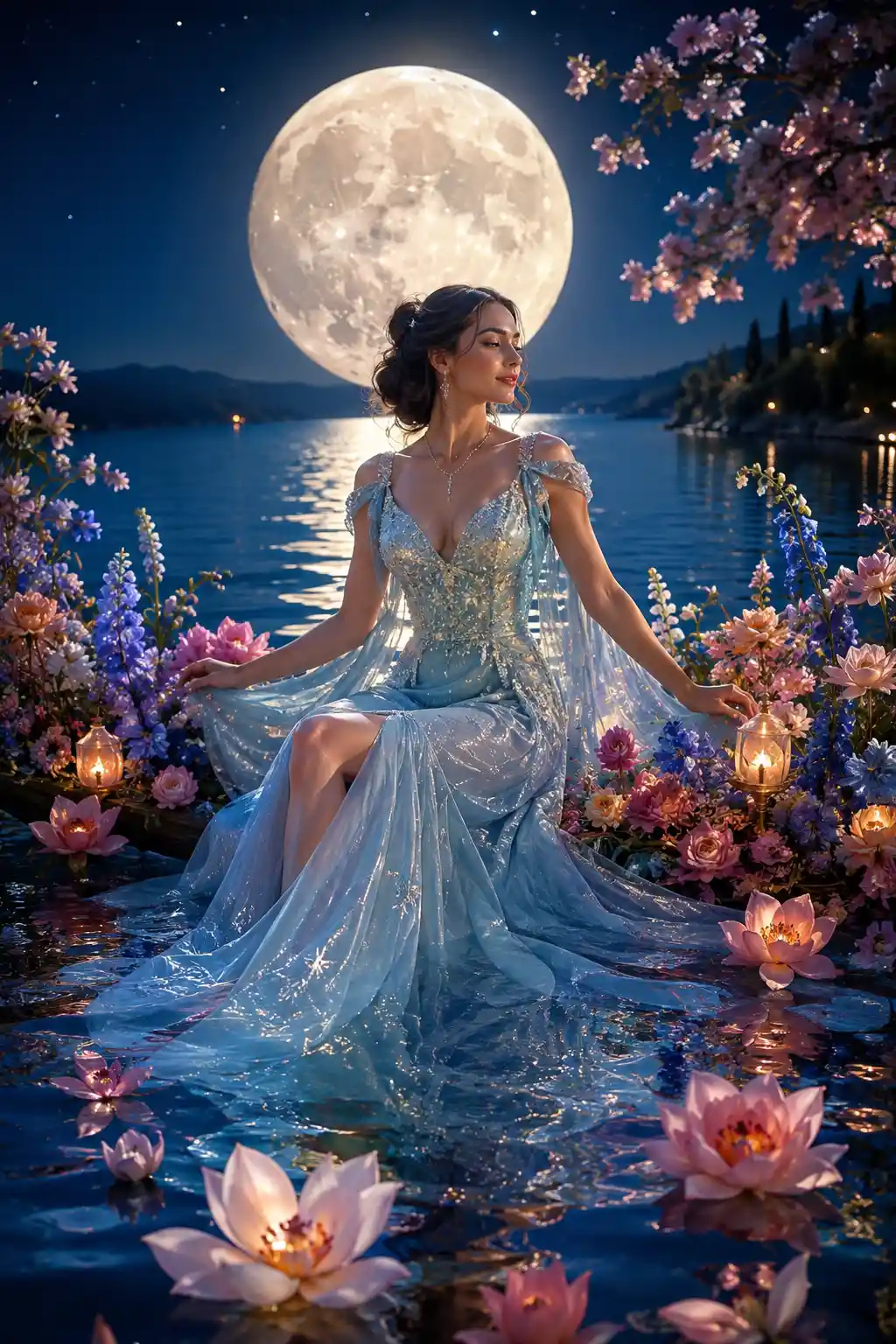 Mujer elegante deslizándose sobre un lago de flores iluminado por la luna