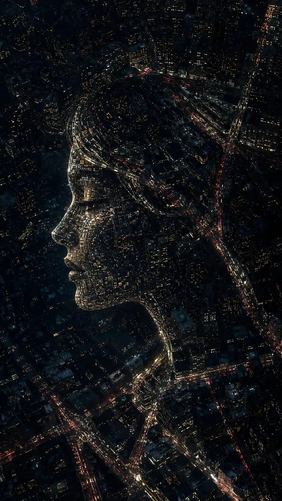 Aerial night city forming the illusion of a womans face