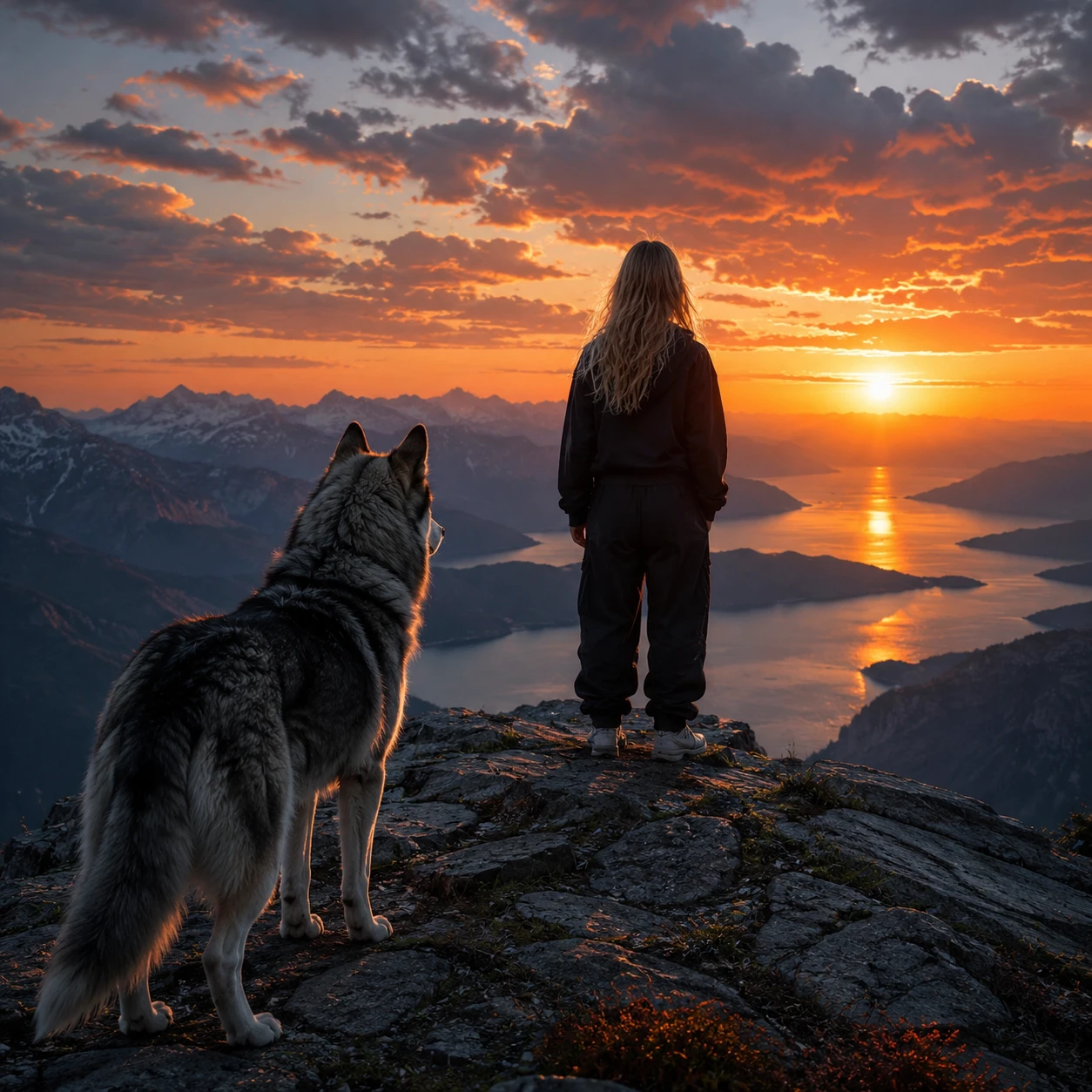 Chica y husky en un acantilado al atardecer resplandeciente