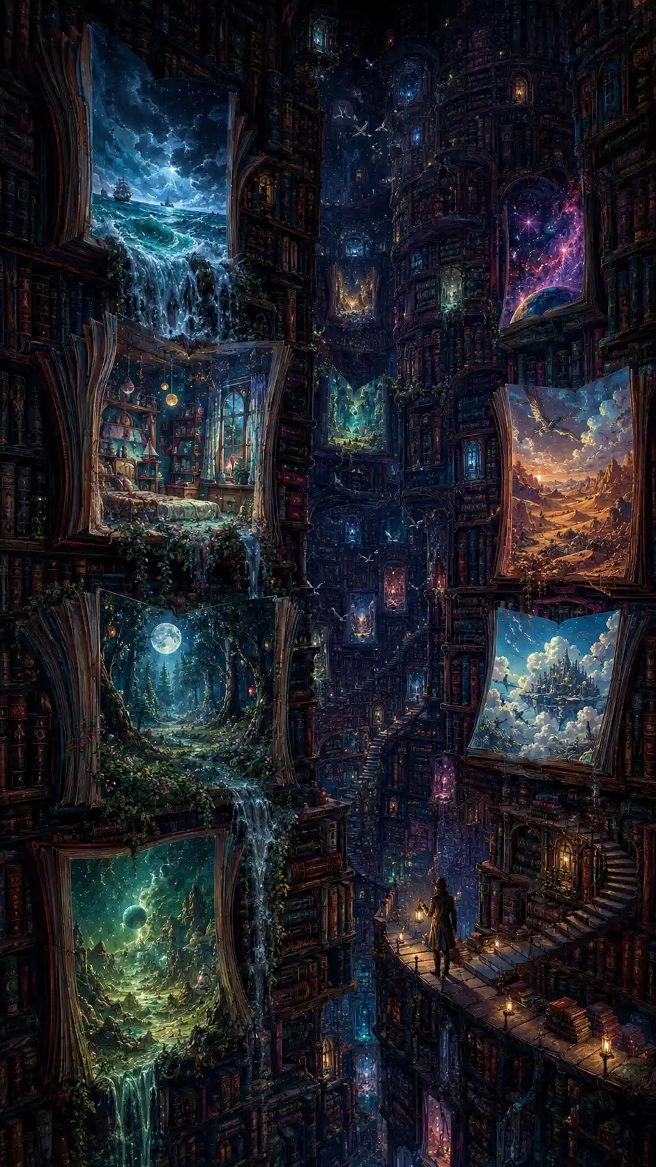 Biblioteca de fantasía infinita con mundos y libros luminosos
