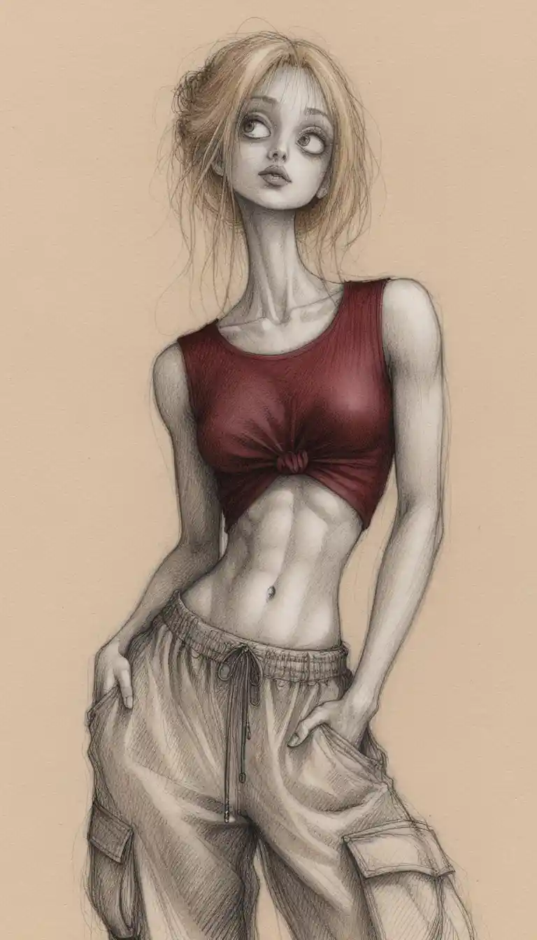 Mujer gótica mirando hacia arriba en ilustración mixta texturizada