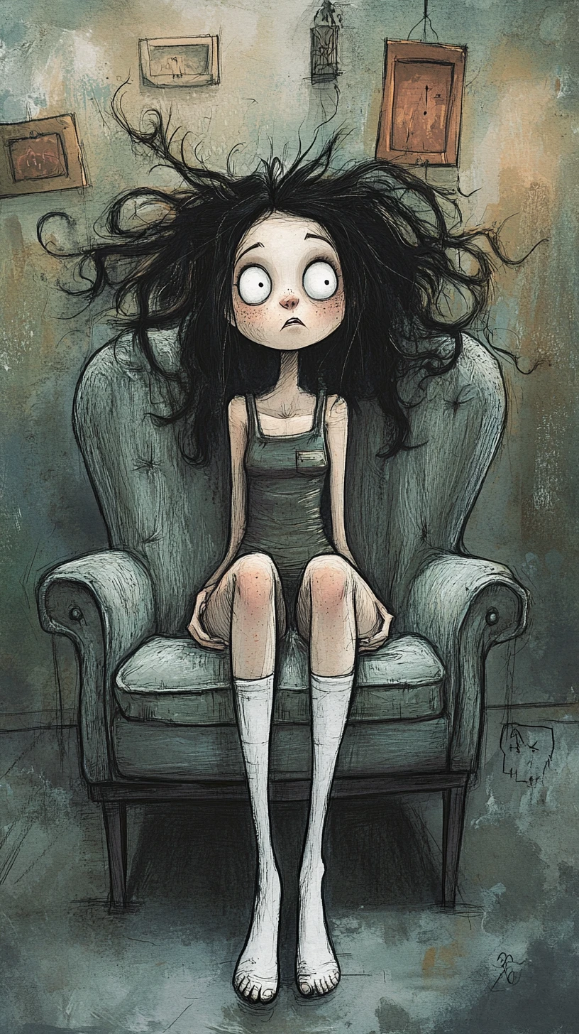 Illustration à l’encre et au crayon d’une jeune femme dans un fauteuil moderne