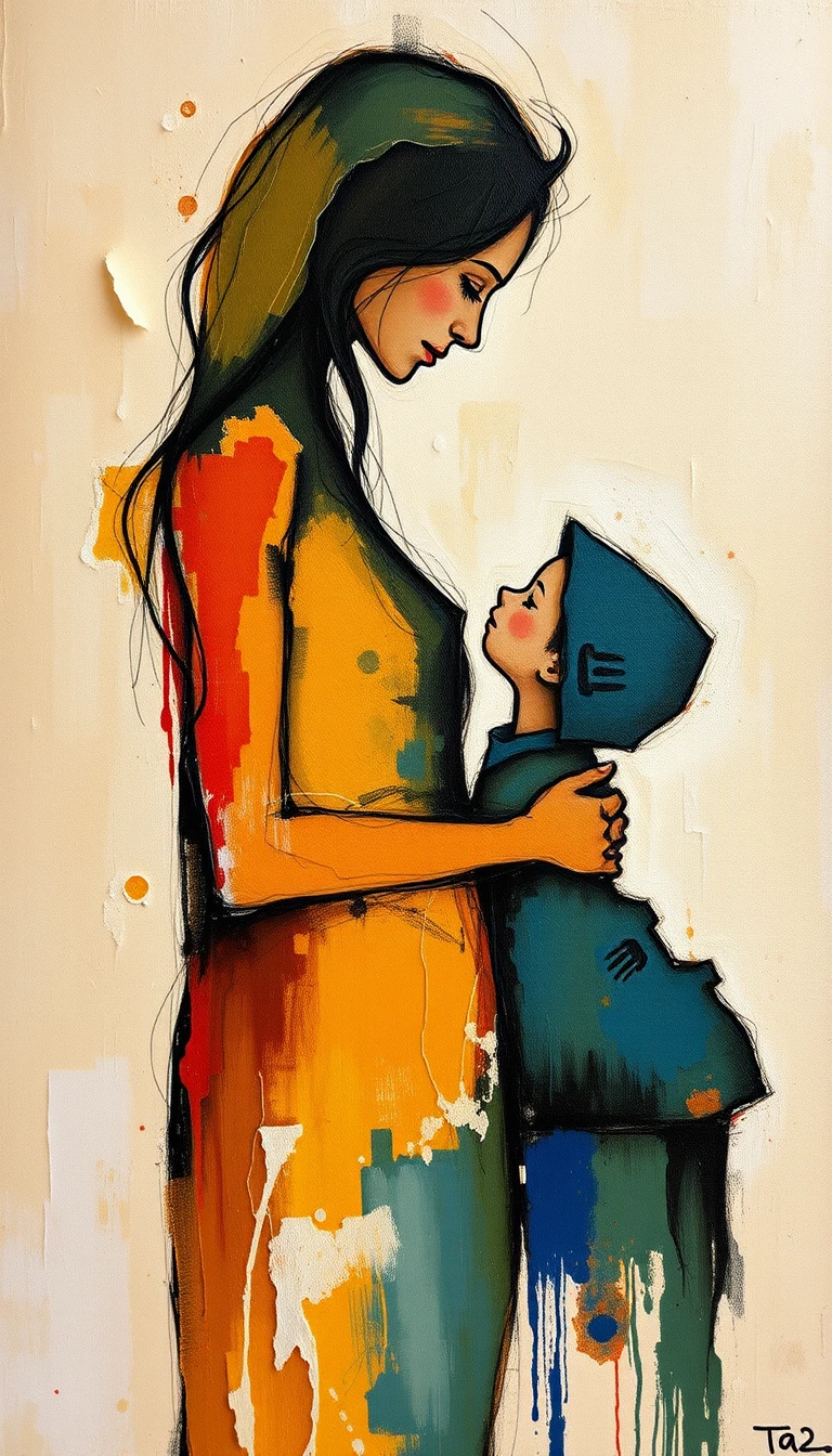 Abstract family devotion painting with parents and baby