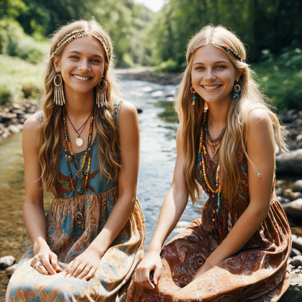 Two hippie girls in maxi dresses by a stream