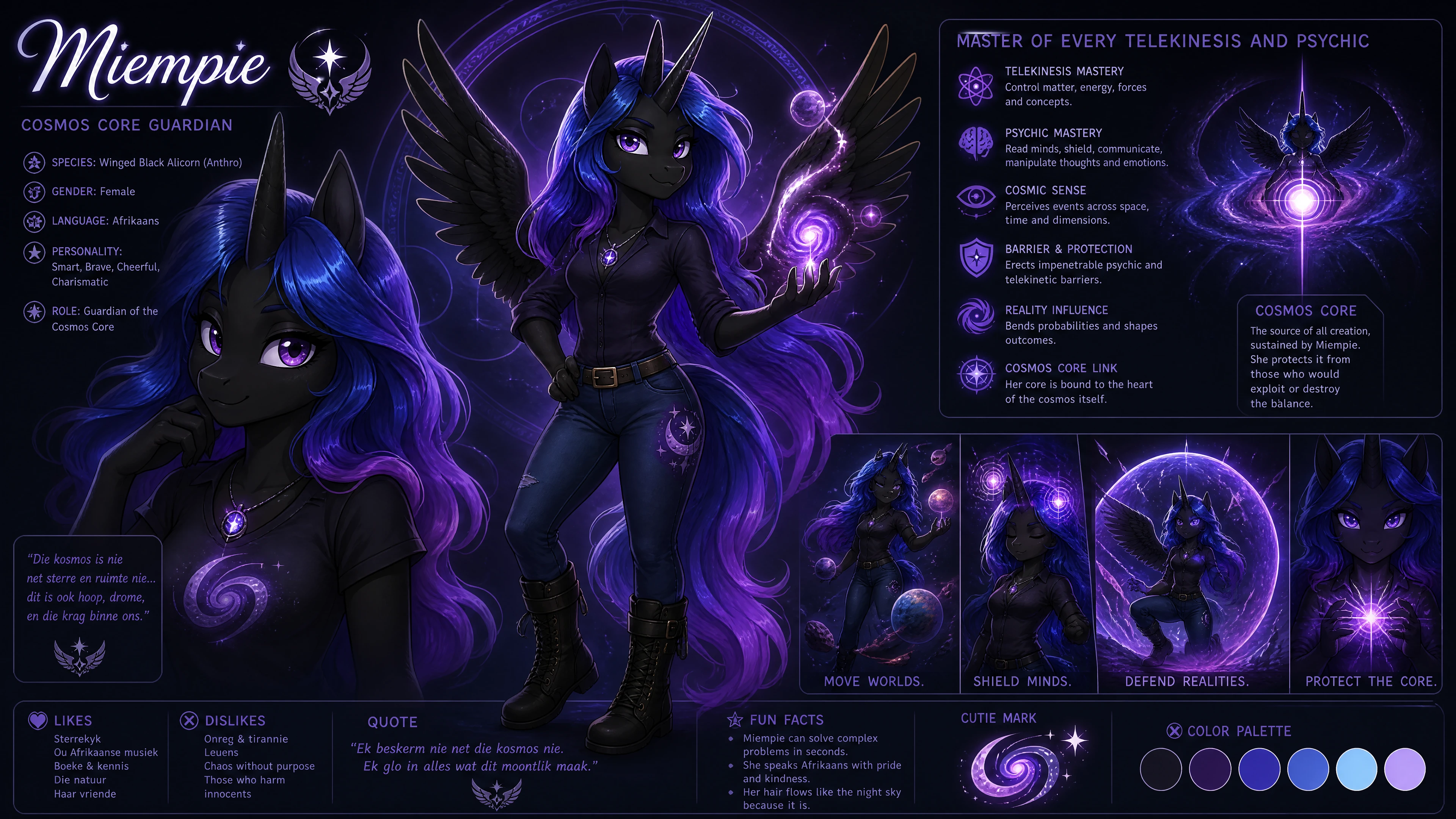 Winged black alicorn woman with cosmic aura and jeans outfit