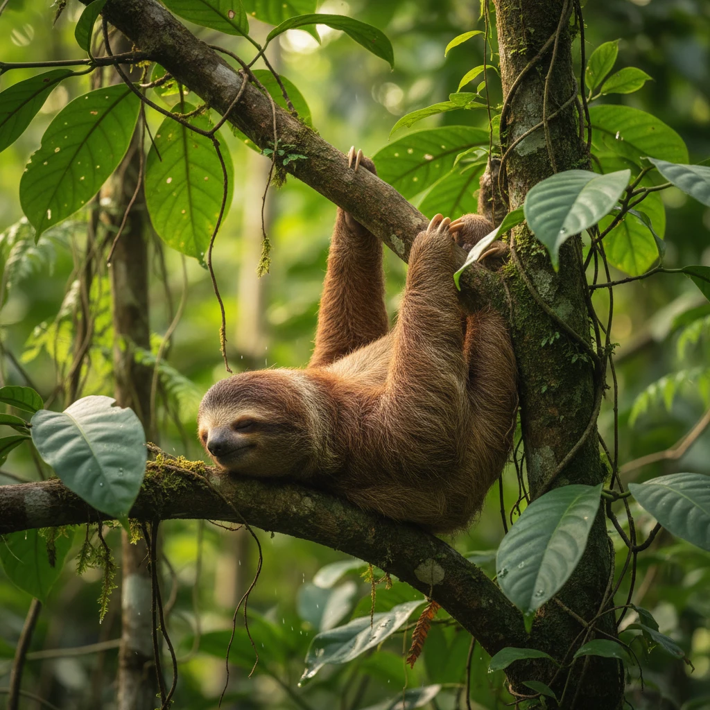 Peaceful brown sloth resting upside down in rainforest