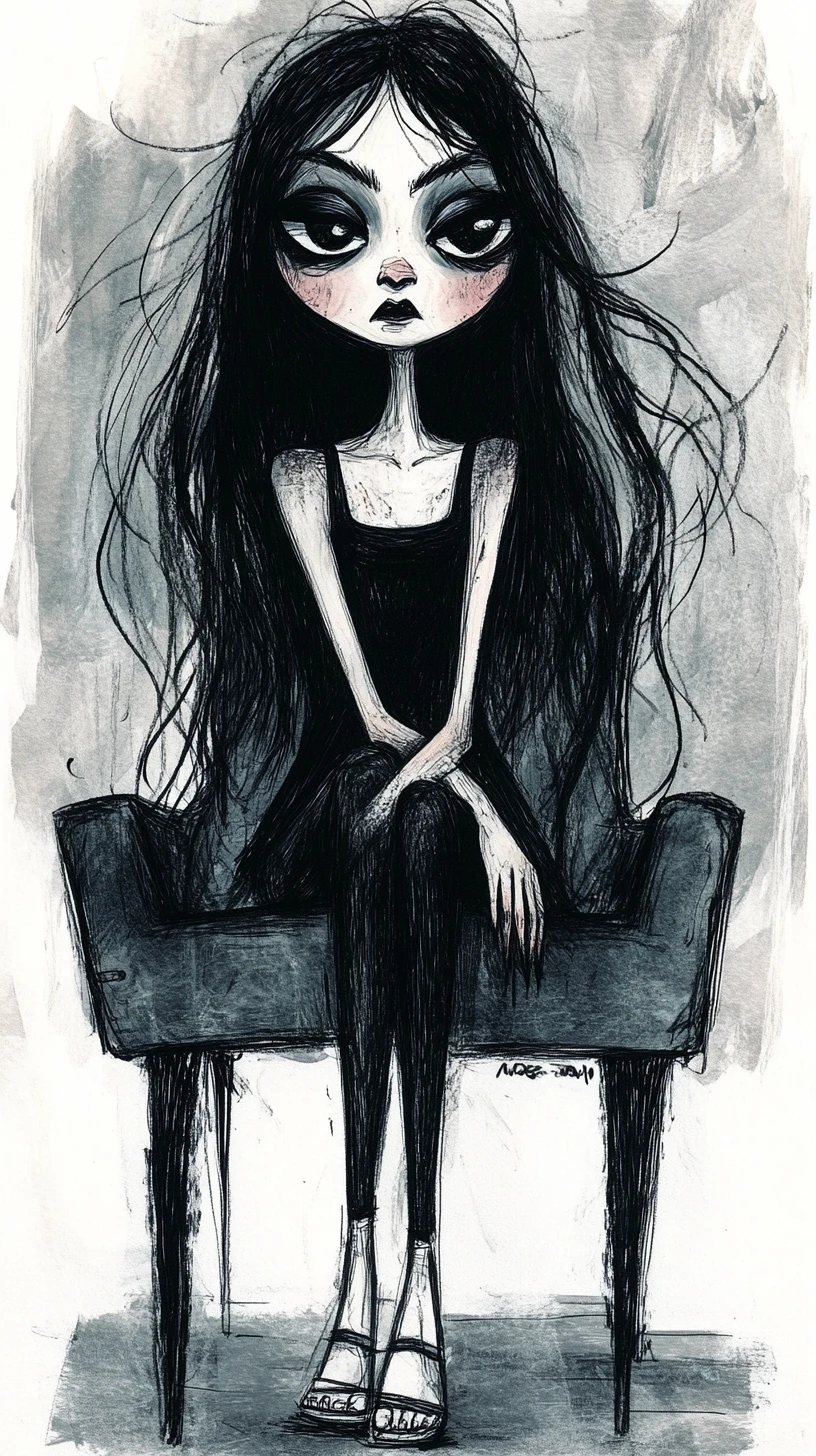 Ilustración a tinta y lápiz de una joven en un sillón moderno