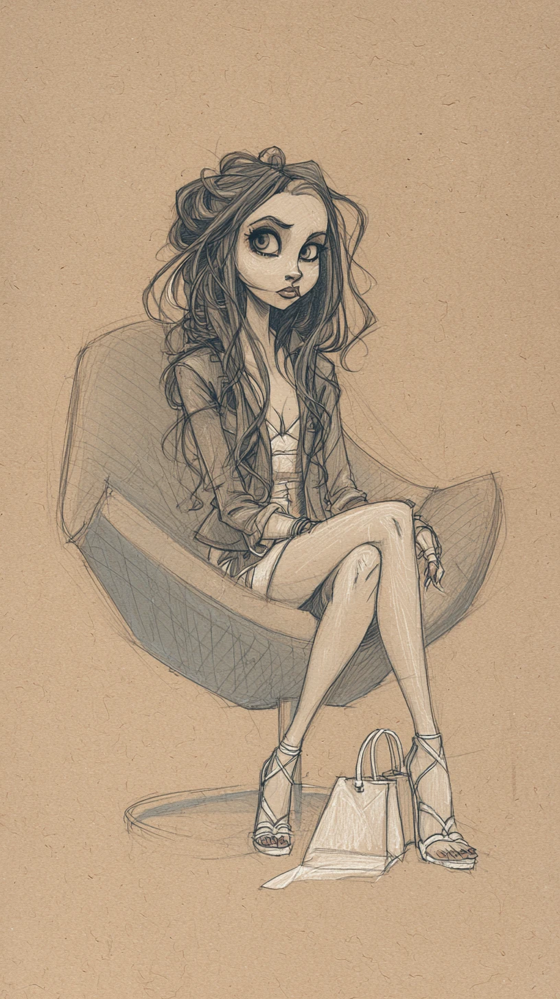 Illustration à l’encre sombre d’une jeune femme sur une chaise