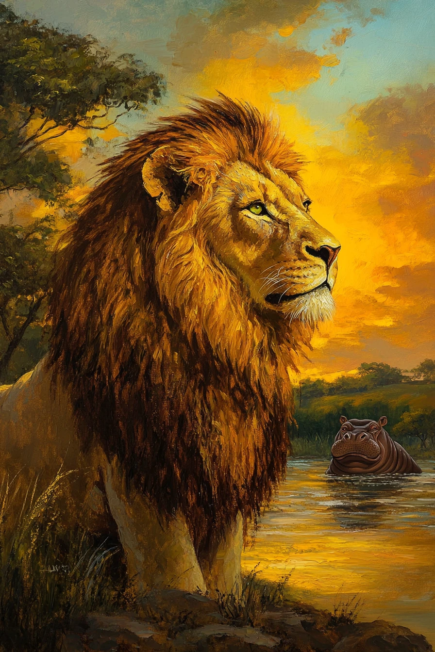 León majestuoso en la orilla de un río al atardecer con luz cálida