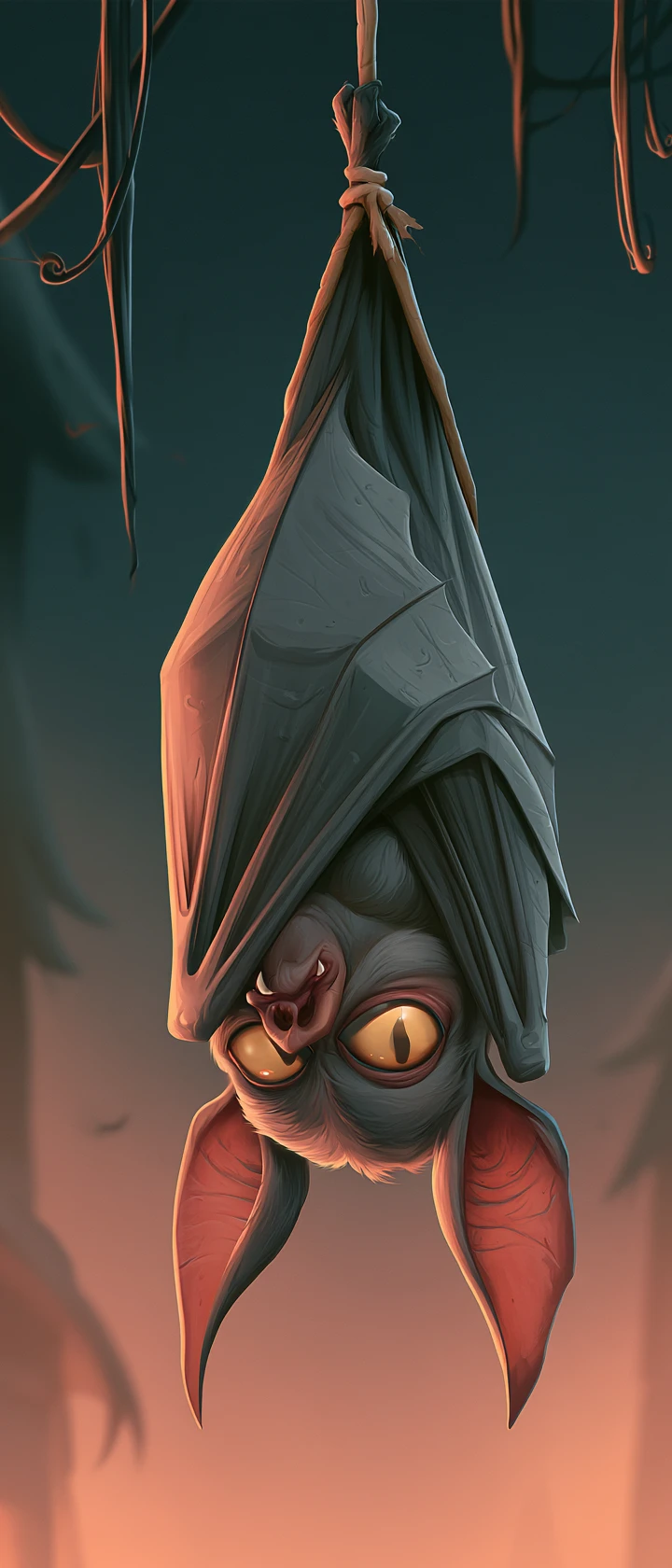 Murciélago vampiro enfadado colgando boca abajo contra el cielo nocturno