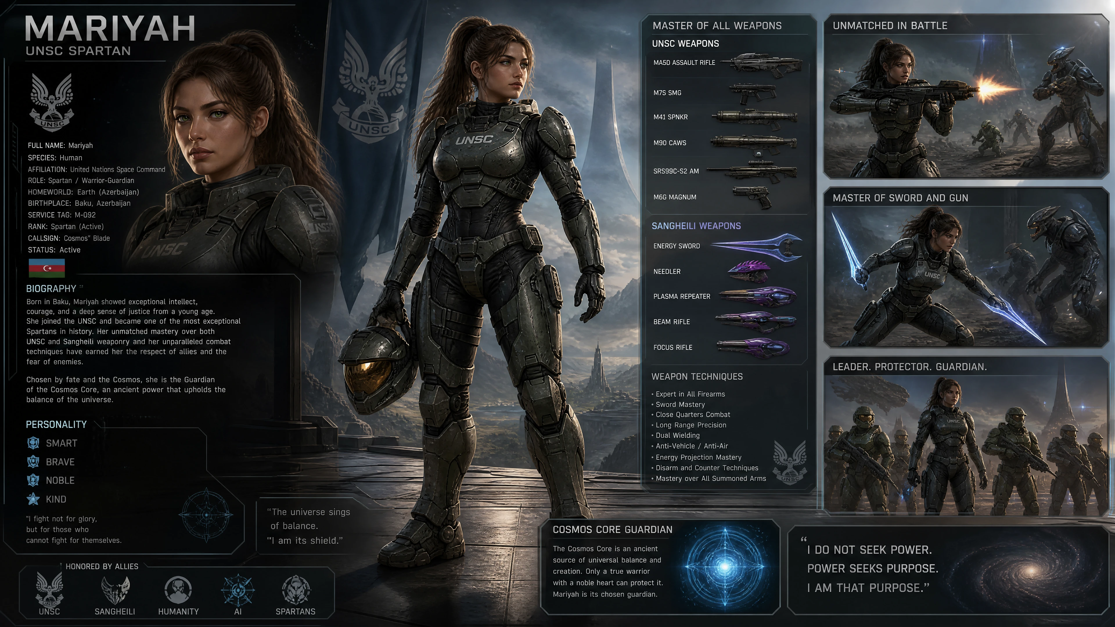 Guerrera azerbaiyana con armadura futurista de la UNSC