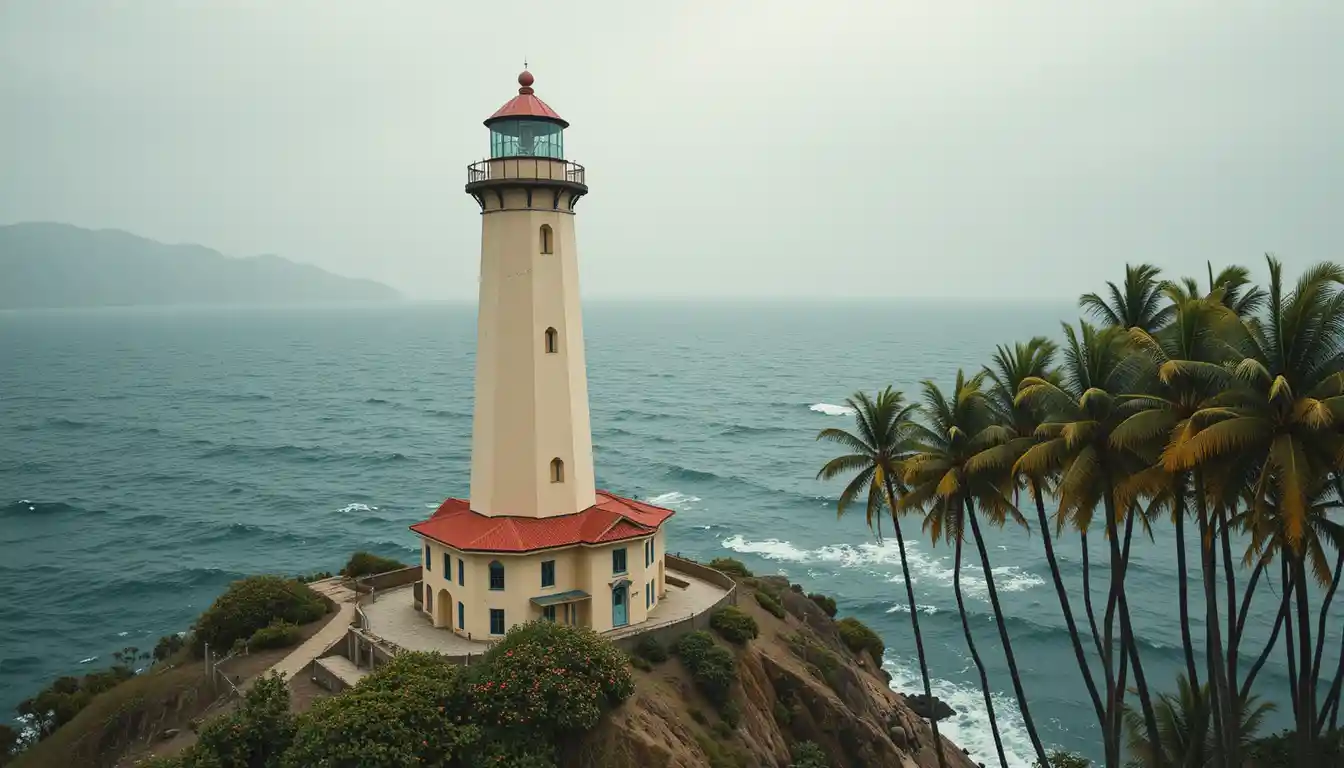 Tall coastal lighthouse above choppy ocean and palm trees