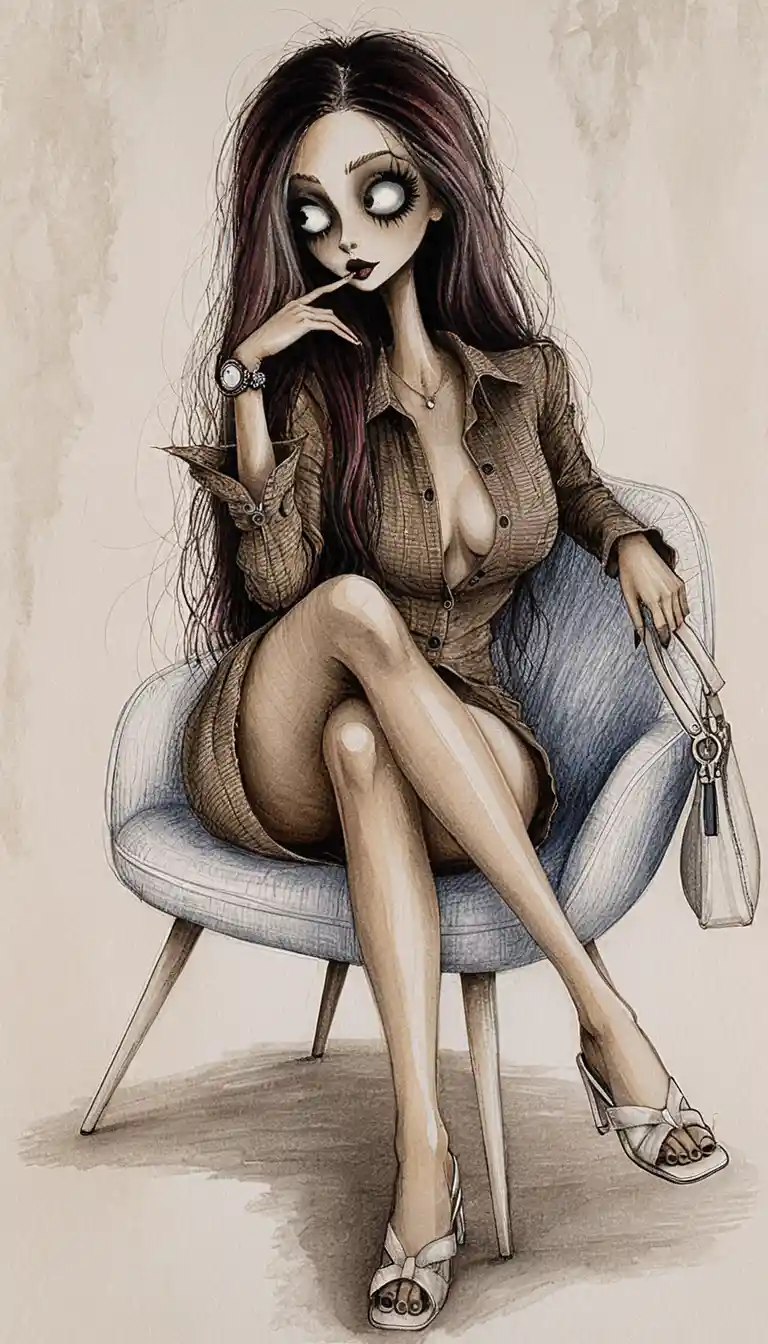 Ilustración en tinta de estilo melancólico de una mujer en un sillón moderno
