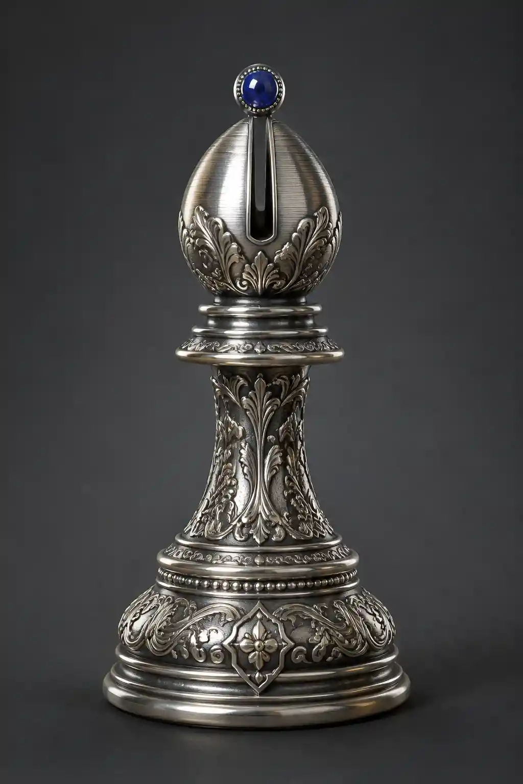 Ornate Silver Chess Bishop With Blue Gemstone Detail