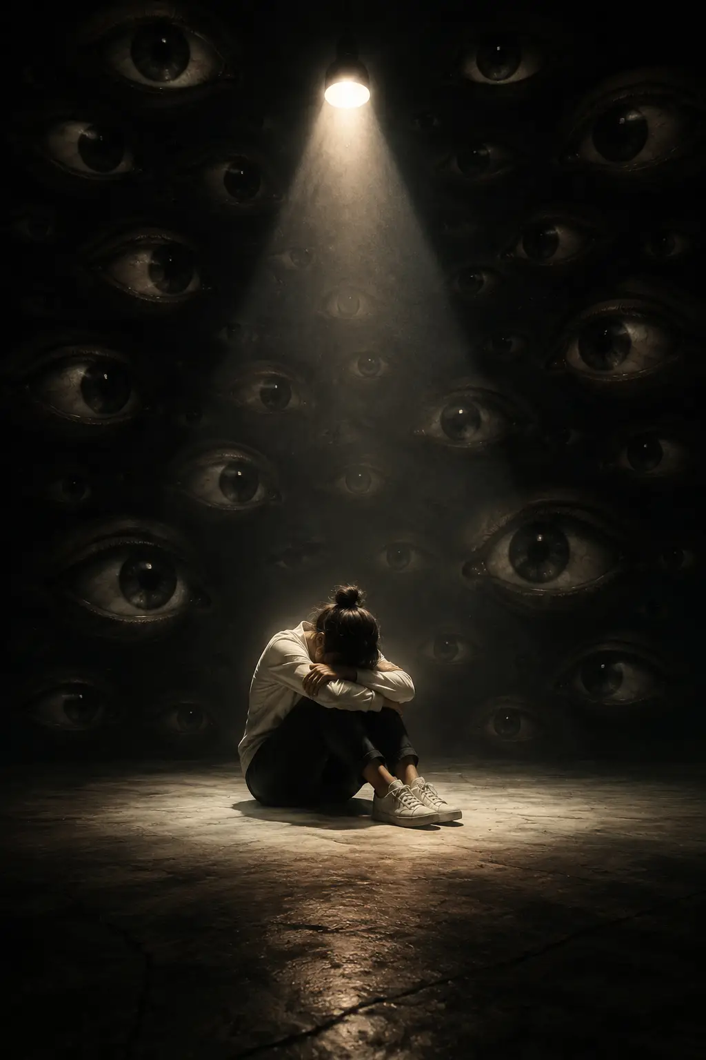 Surreal cluster of staring eyes focused on a lone subject