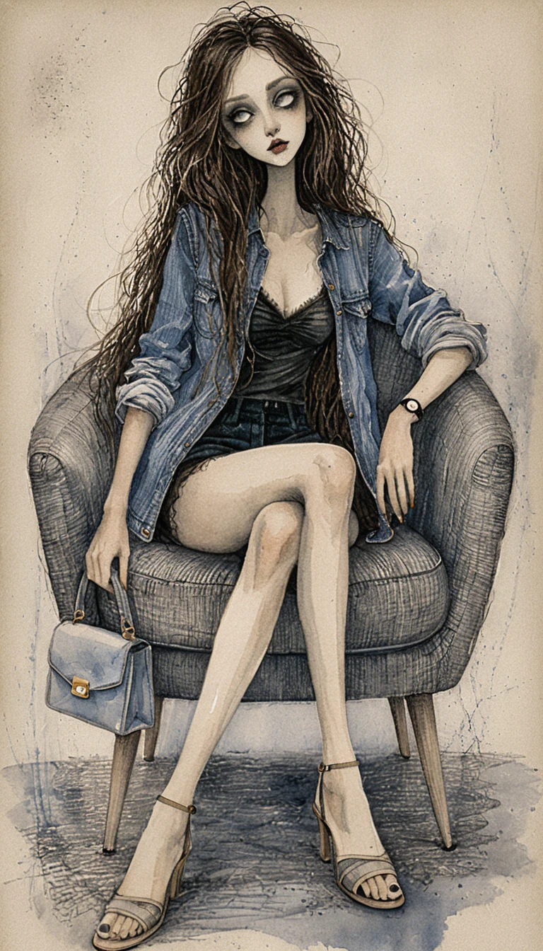 Ilustración en tinta con ambiente melancólico de una joven en un sillón gris