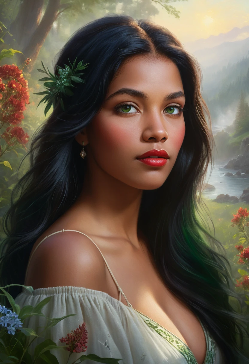 Retrato hiper-realista de uma mulher com olhos verde-esmeralda