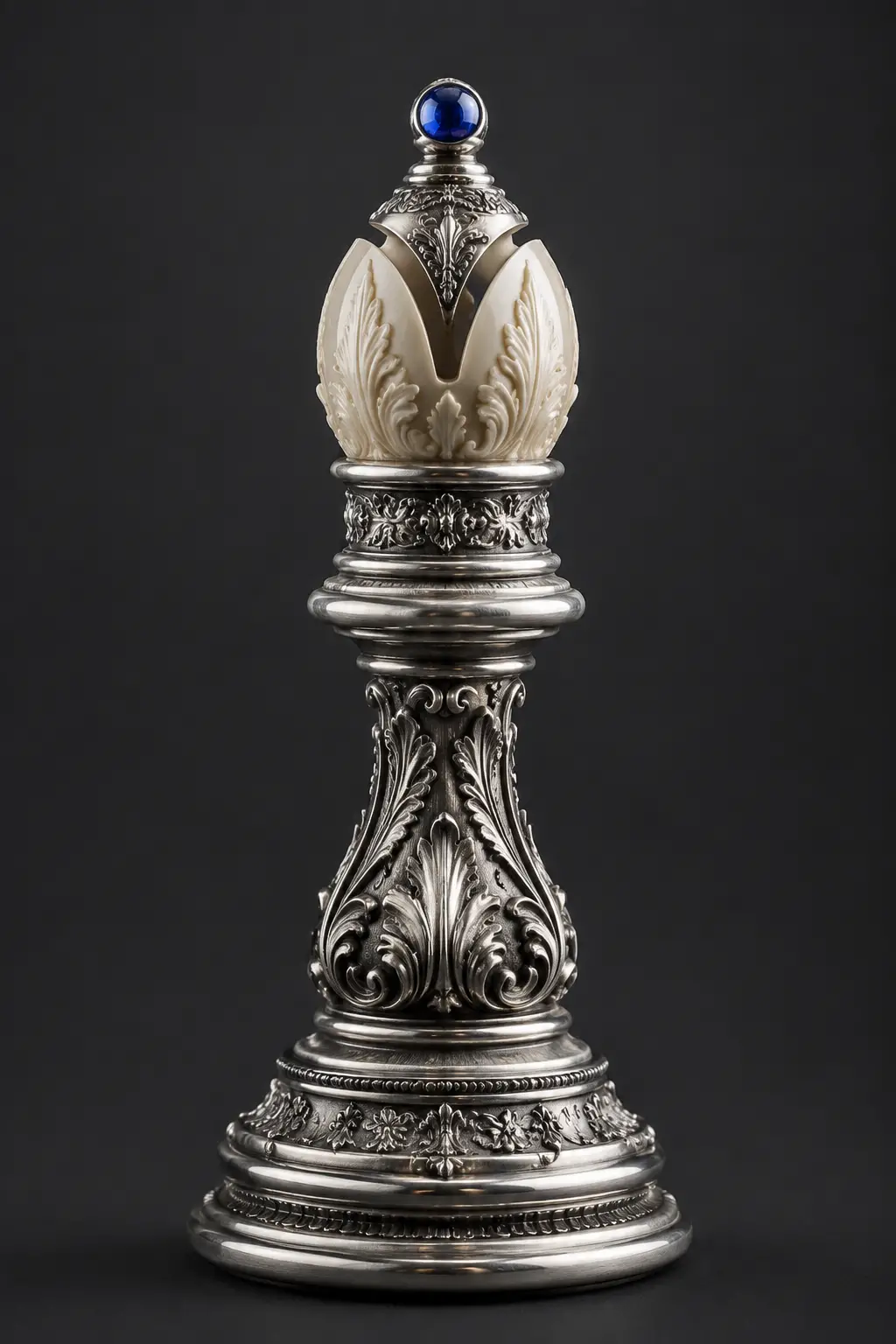 Ornate silver and ivory chess bishop with blue gemstone