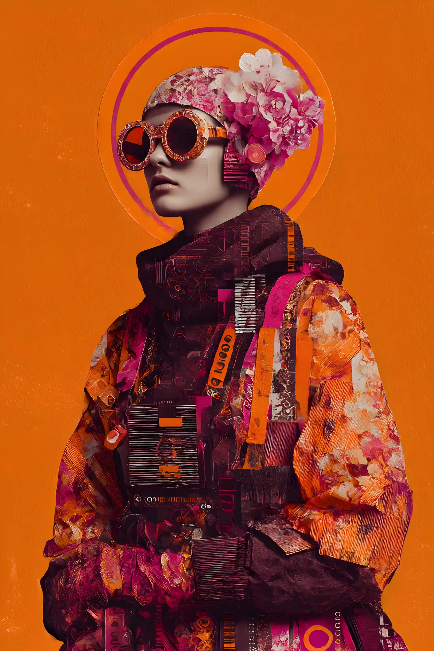 Layered cyberpunk fashion collage in vivid autumn colors