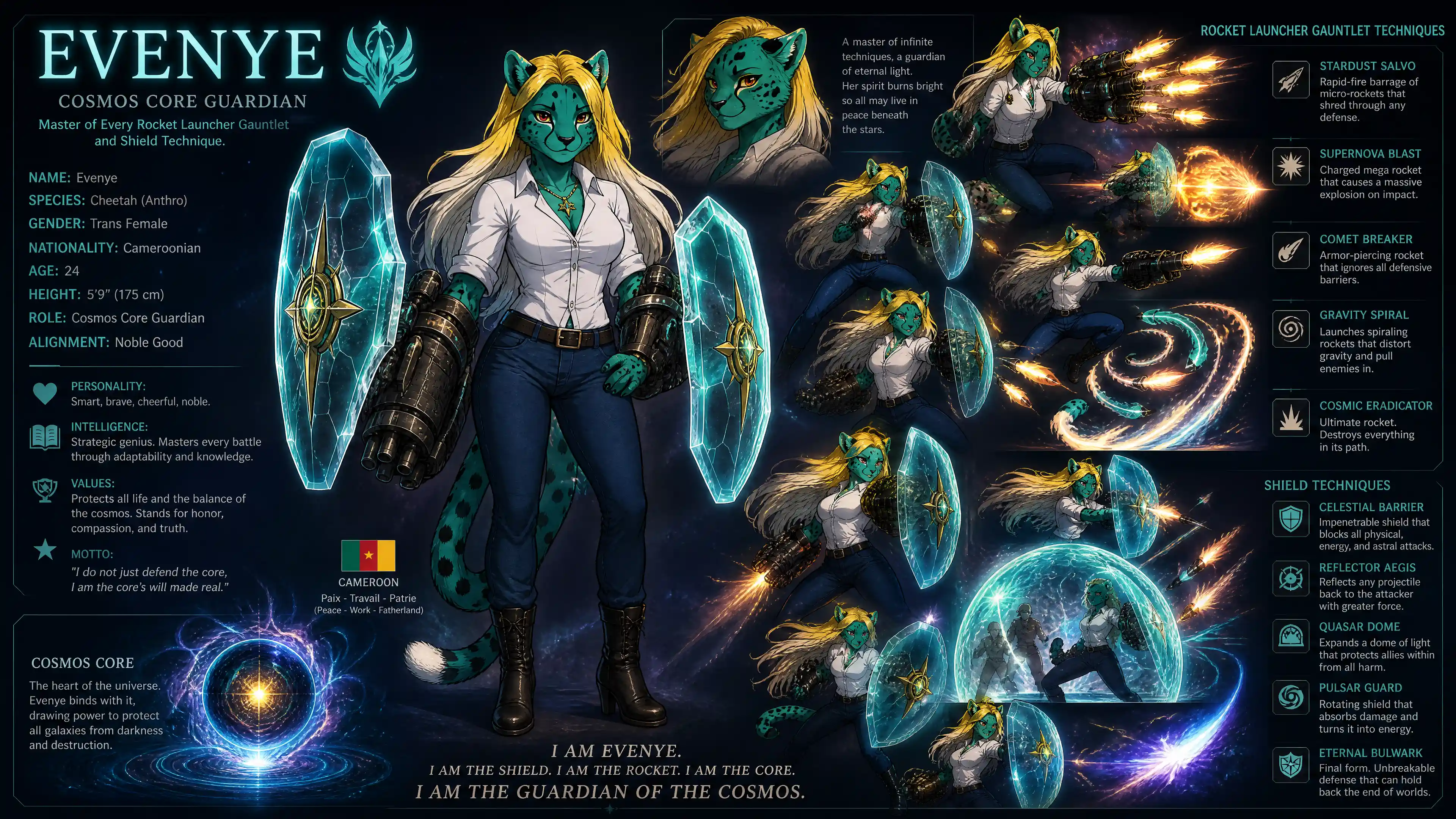 Anthro teal cheetah guardian with rocket gauntlet and shield