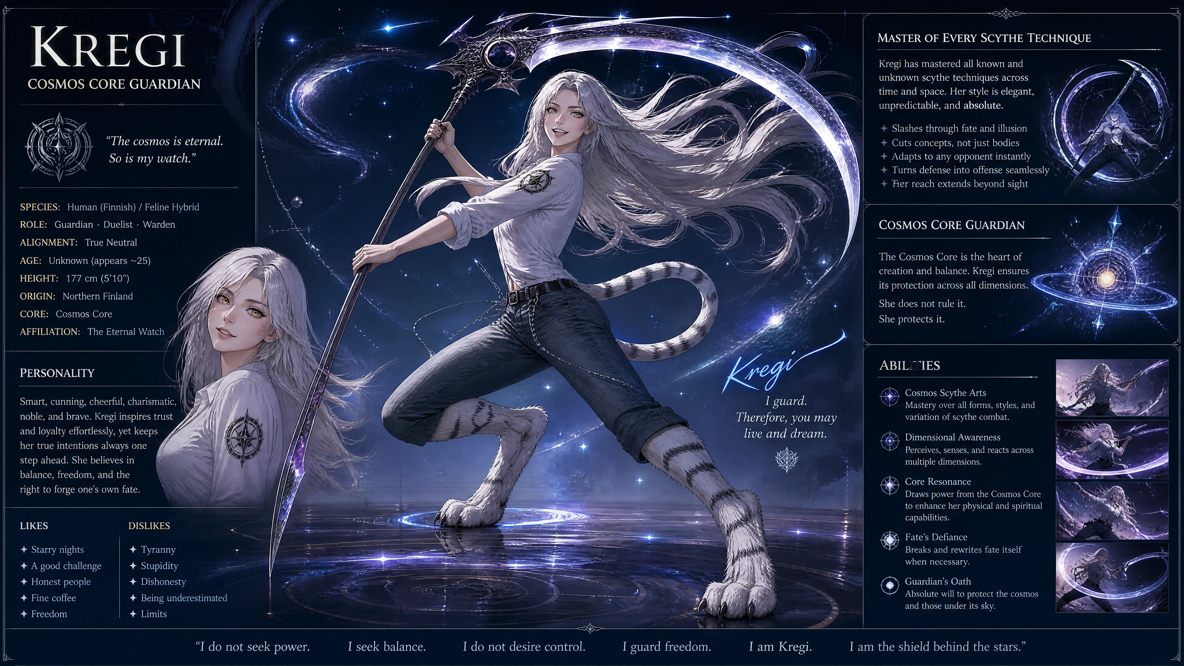Silberhaarige Fantasy-Wächterin mit weißen Tigerbeinen