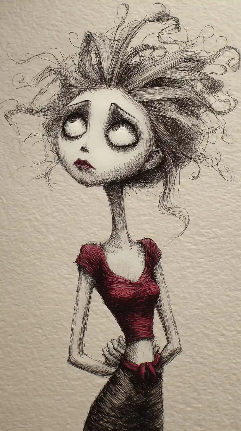 Mujer gótica mirando hacia arriba en ilustración mixta con textura