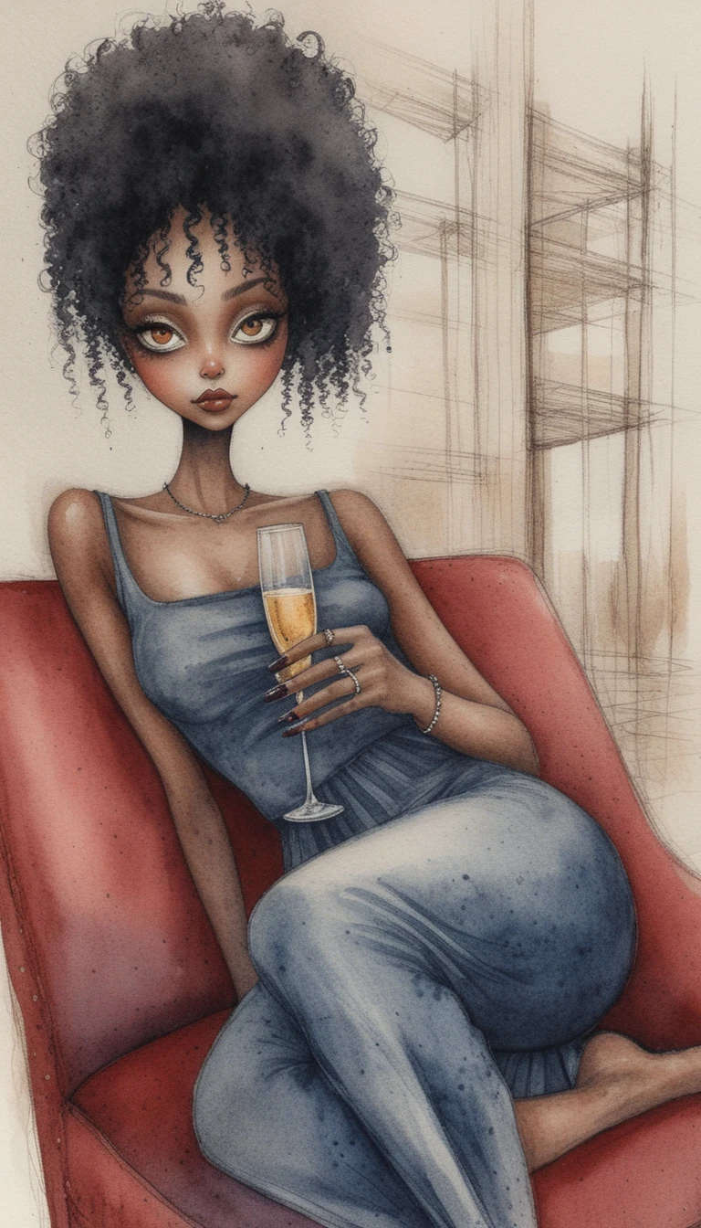 Mujer negra relajada en sofá en dibujo a tinta atmosférico