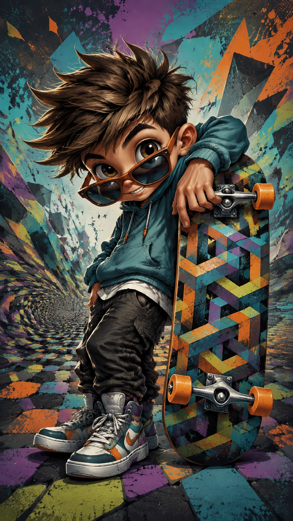 Niño caricaturesco travieso con patineta gigante y colores llamativos