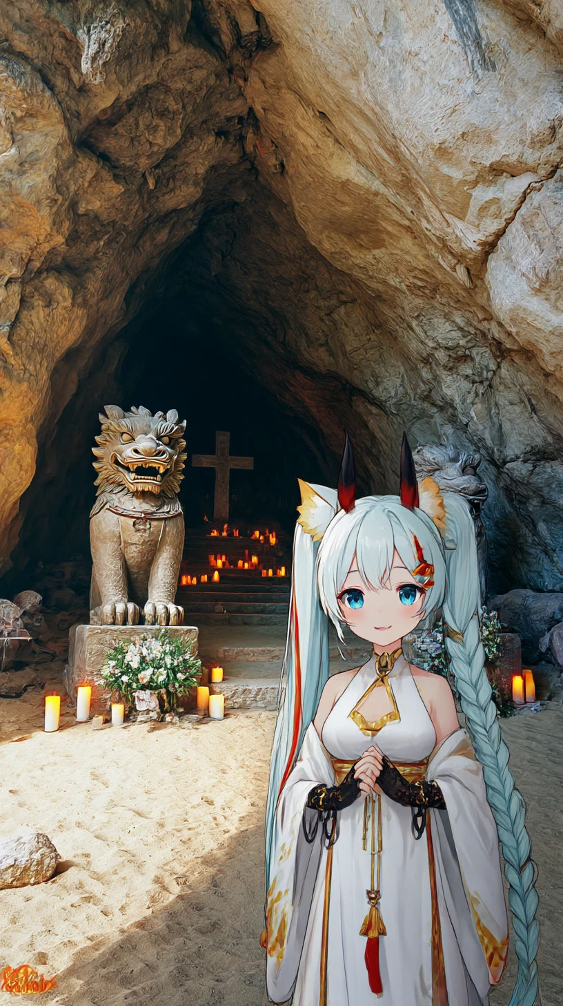 Chained cave entrance guarding a distant ruined chapel