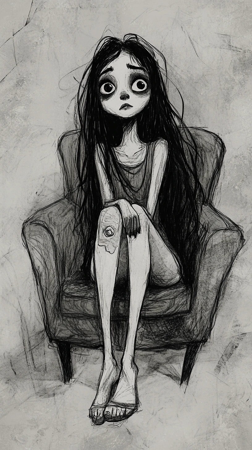 Ilustración en tinta con ambiente de una joven en una silla moderna