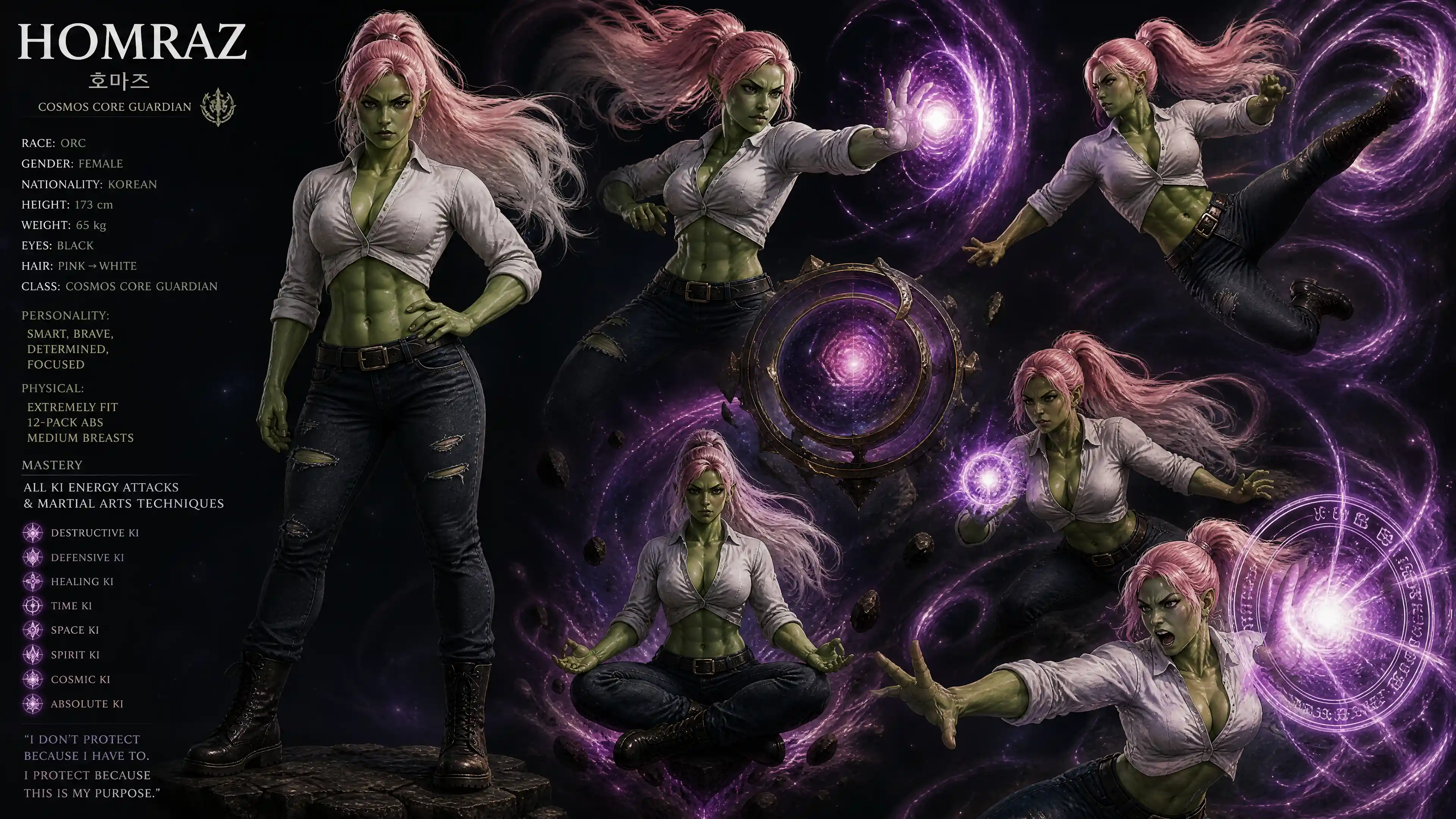 Determined green orc warrior woman with long pink ponytail