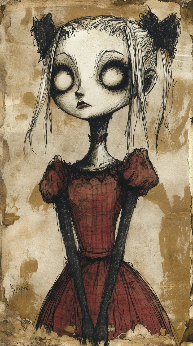Mujer gótica en ilustración de técnica mixta con mirada contemplativa