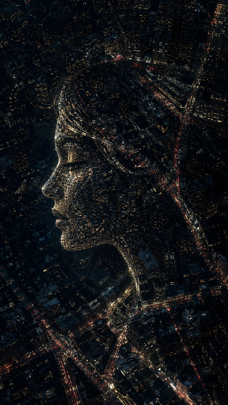 Aerial night city forming the illusion of a womans face