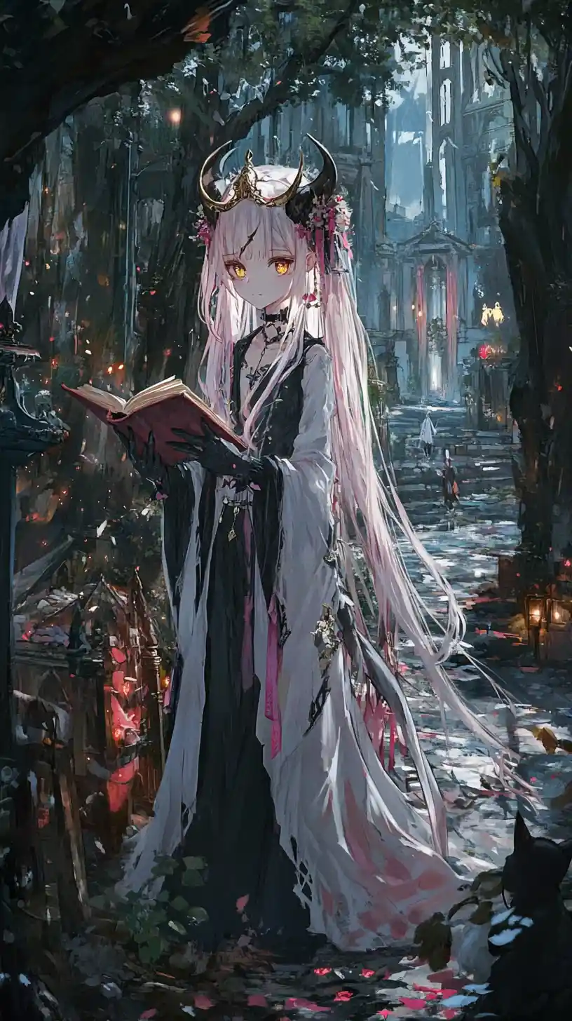 Anime-Mädchen liest ein Buch zwischen Welt des Lebens und des Ruins
