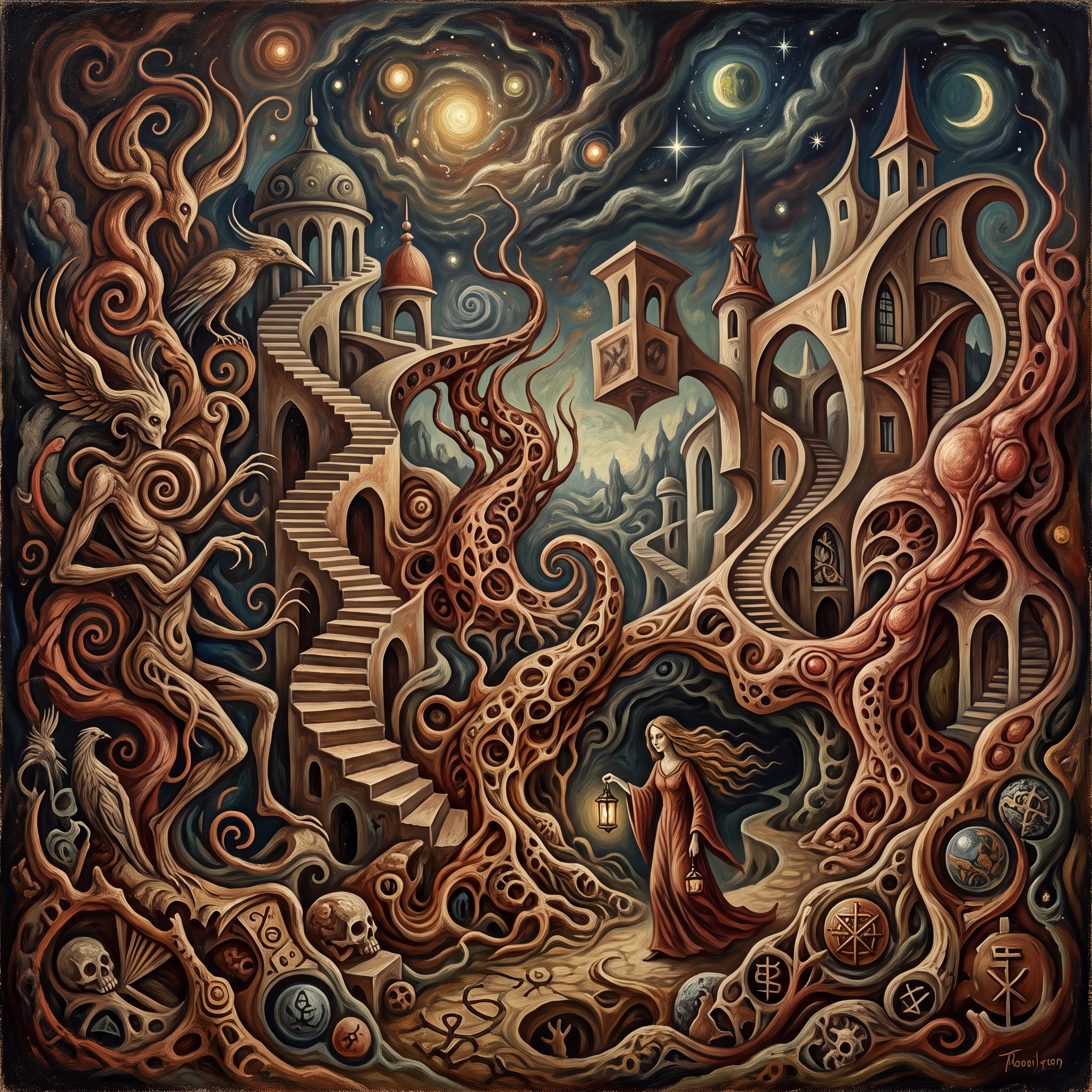 Surreal biomorphic forms entwined with impossible dreamlike architecture