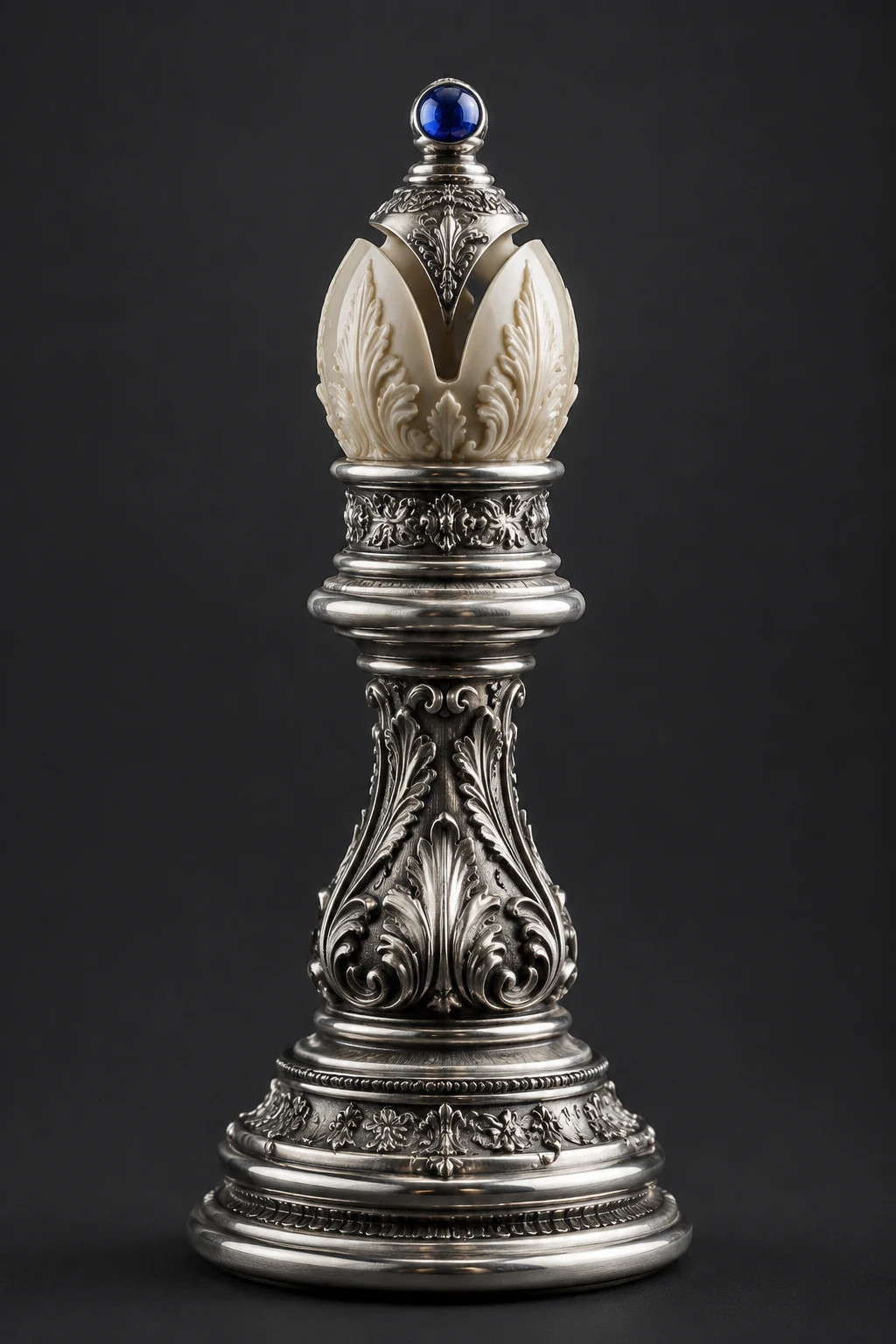 Ornate silver and ivory chess bishop with blue gemstone