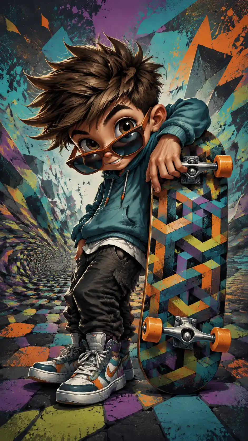 Niño caricaturesco travieso con patineta gigante y colores llamativos