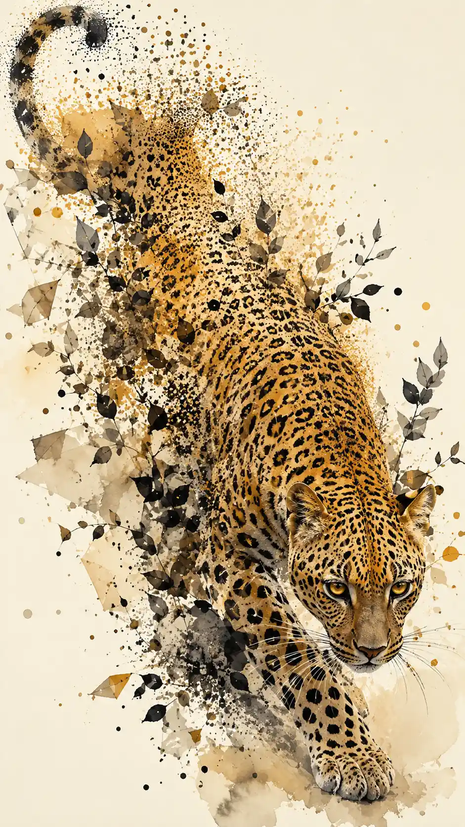 Leopard Moving Across Minimal Ivory Field With Abstract Camouflage