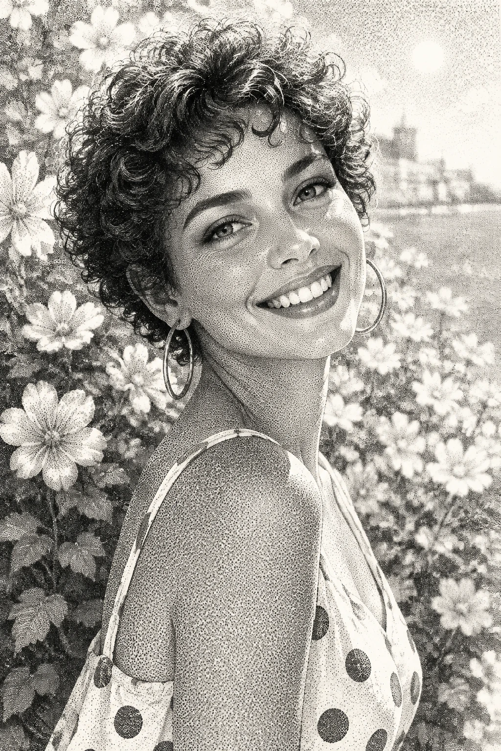 Retrato en arte de puntos de una mujer feliz con vestido de verano
