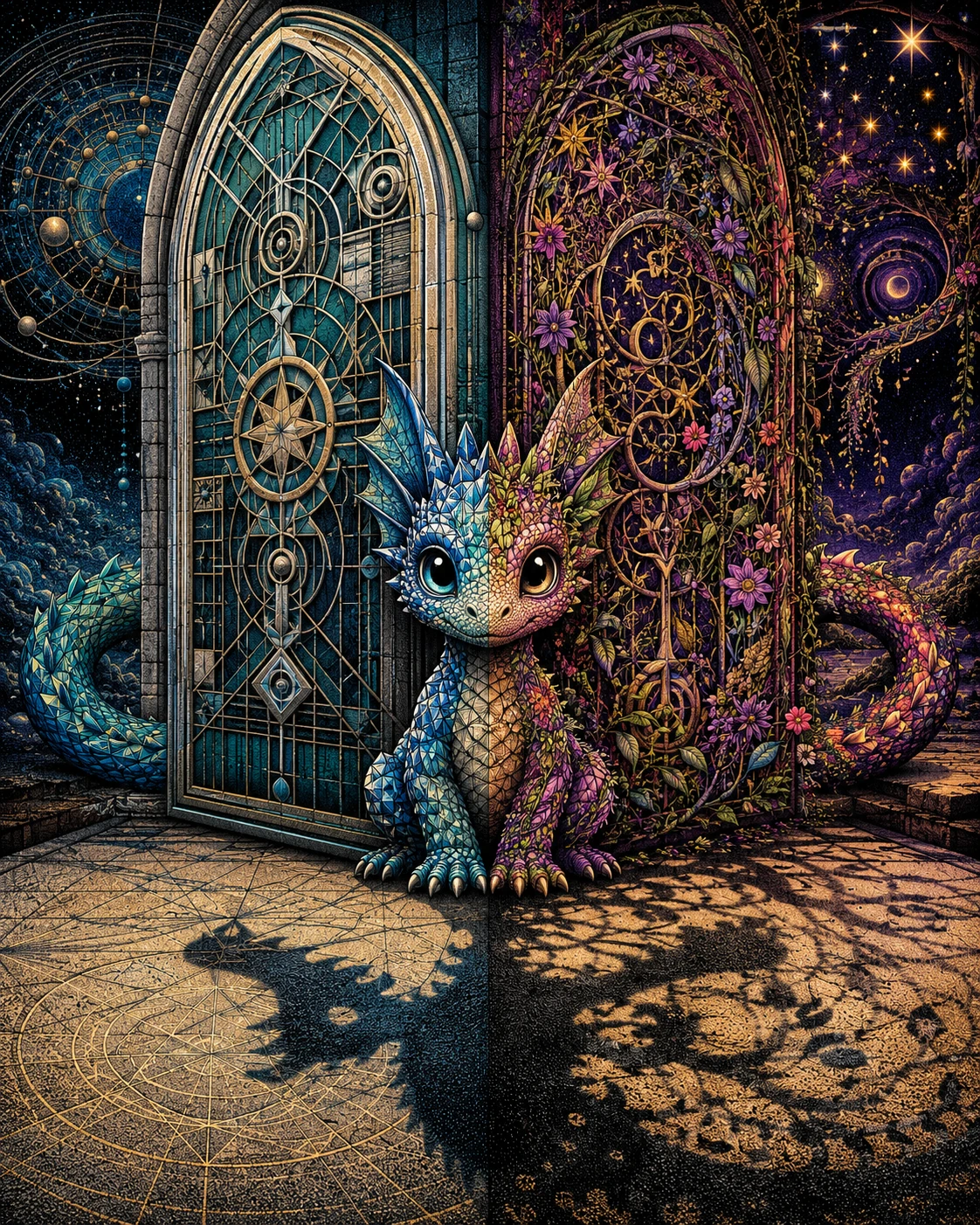 Dragón bebé entre puertas gemelas de fantasía y geometría