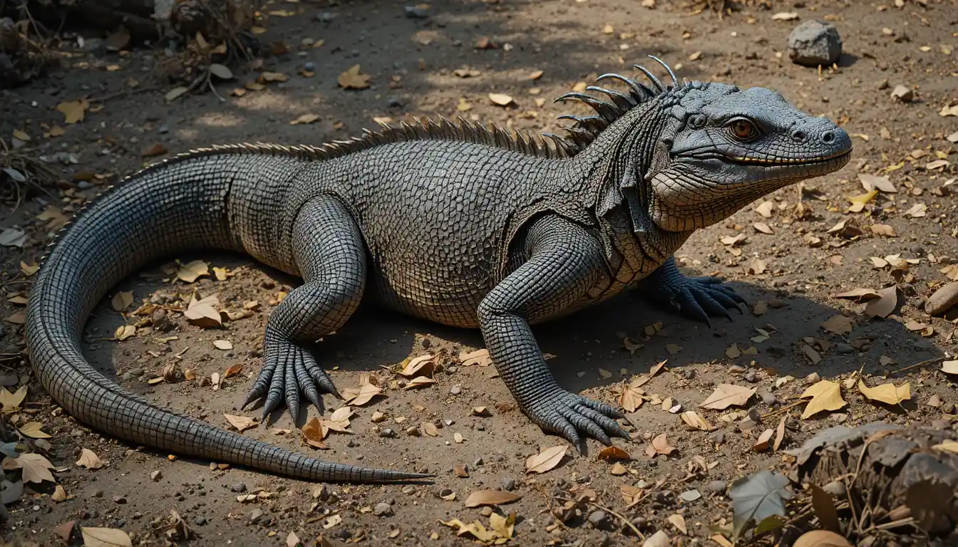 Alert komodo dragon on earthy forest floor in soft light