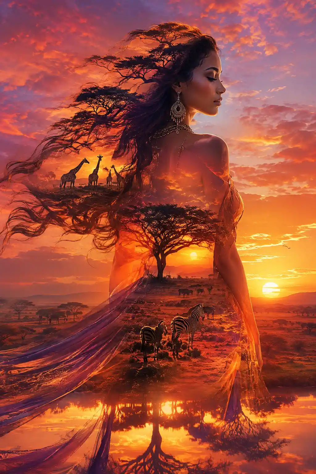 Mystische Frau, die mit einem leuchtenden Serengeti-Sonnenuntergang verschmilzt