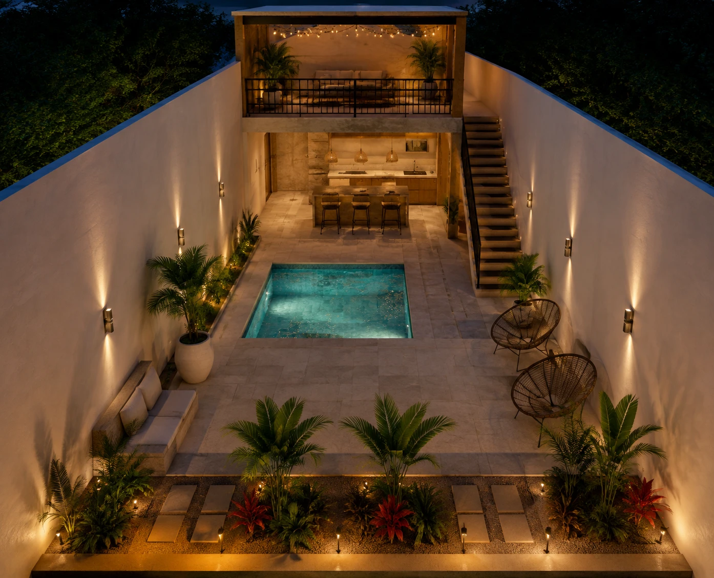 Patio interior con piscina y cocina abierta elevada