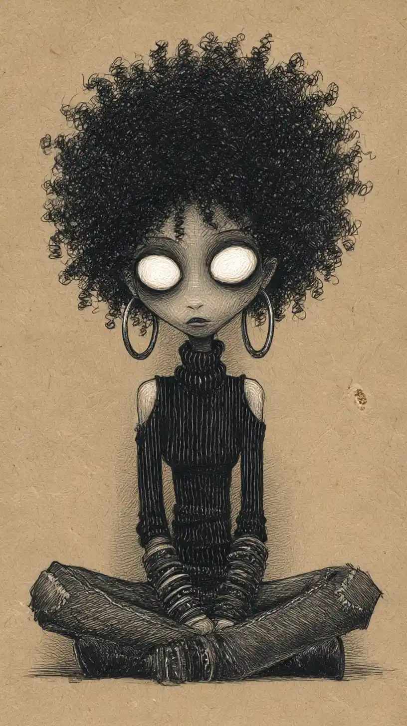 Dibujo gótico a grafito de una mujer solemne con los ojos muy abiertos